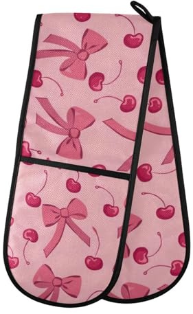 Oven Gloves Double Oven Gloves Bow Cherry Pink Oven Mitts Pot Holder Heat Resistant Quilted for BBQ Baking Kitchen Cooking Gloves