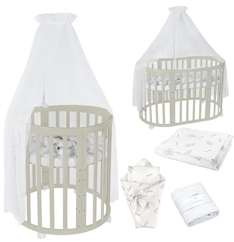 waldin Babybett Oval 7in1, Matratze, Rollen, Regal, Olive | Weiß Zweige, Mitwachsend, Beistellbett aus Holz, Wiege optional