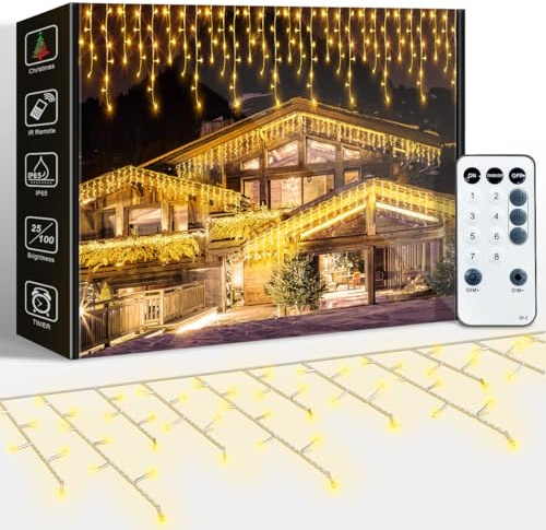 ARKOCHIC 10M Luci Natale Esterno Cascata, LED Tenda Luminosa Natale Bianco Caldo Luminarie Natalizie da Esterno con 8 Modalità, Memoria, Luci Decorazioni Natalizie per Casa, Balcone, Finestra