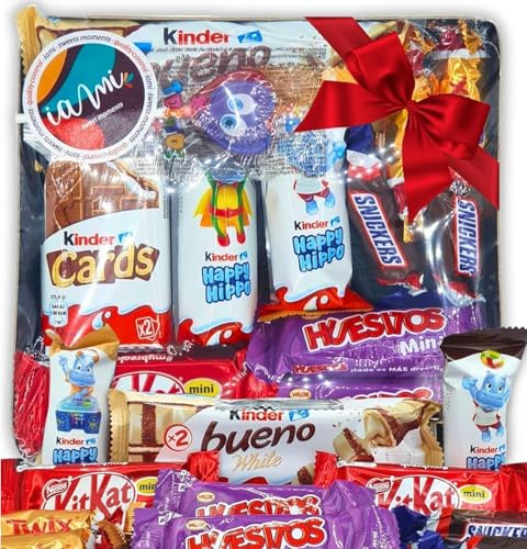 IAMI Bandeja Regalo 13 Mini Chocolatinas Surtidas 17x17 cm | Comuniones | Obleas crujientes, barritas rellenas y bizcochitos | Primeras marcas | Origen España | Bodas y bautizos