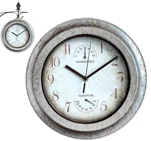 TANGPINGMAO Large Outdoor Clock 11.2 Inch Garden Clock with Thermometer and Hygrometer Waterproof Vintage Silent Wall or Garden, Kitchen, Bedroom Silver No Battery Outdoor