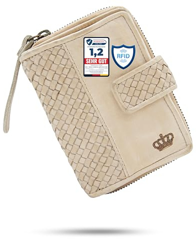 Baur Damen Geldbörse aus extra weichem Waschleder – Handgeflochtener Geldbeutel im Used-Look mit RFID-Schutz – Kleines Portemonnaie mit vielen Kartenfächern & Münzfach mit Reißverschluss (Beige)