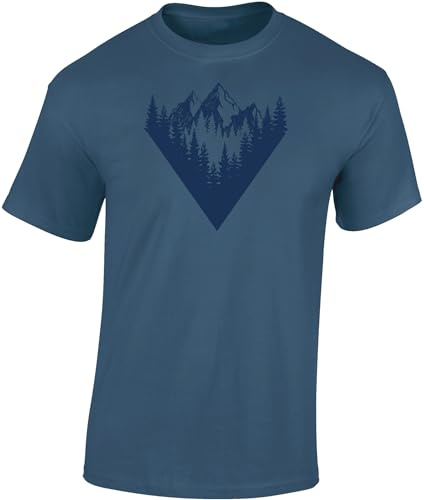 Baddery Wander T-Shirt Herren - „Waldgipfel“ (Denim Blue L) | Shirt für Wanderer & Bergsteiger mit Berg-Motiv