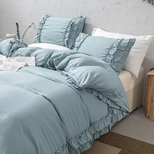 Herside Söta sängklädesset med volang och blågrå påslakanset i king size med volanger och mjuka mikrofibersängkläder i franskt lantligt elegant påslakan