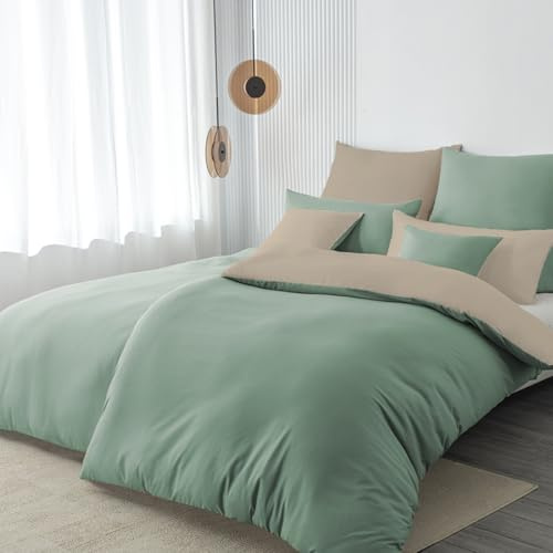 Nesture Bettwäsche 135x200 4teilig Mikrofaser, Pastellgrün/Warmes Beige | Bettbezug 2er + Kissenbezug 2er 80x80cm mit Reißverschluss, Bettwäsche-Sets Wendebettwäsche, weich & bügelfrei, atmungsaktiv