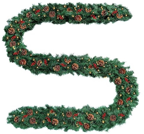 Baunsal® Weihnachtsgirlande Tannengirlande Girlande grün 10 m mit Kieferzapfen + rote Beeren und Led Lichterkette mit Batteriebox und Fernbedienung Girlande Weihnachten Weihnachtsdeko Tannengirlanden