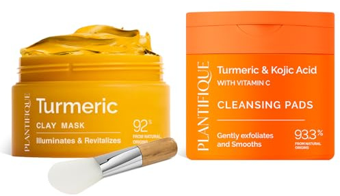 PLANTIFIQUE Mascarilla de Arcilla con Cúrcuma 110g - Zielt auf dunkle Flecken, verfeinert die Poren, spendet Feuchtigkeit & Reinigungspad für Gesicht - Peelt & Spendet Feuchtigkeit, 60 Stück