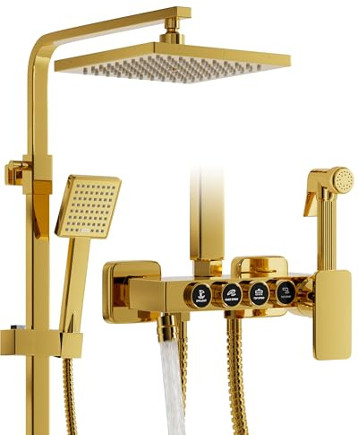 OihPaw Multifunktionales Duschsystem, Regendusche in Spiegelgold | 4-in-1-Duschsystem mit quadratischer Kopfbrause, Handbrause, Wannenarmatur und Spritzpistole, Höhen- und neigungsverstellbar
