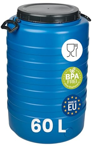 Garronda Bidón de Agua 60 L Barril HDPE para Alimentos GD-0186 Azul | Contenedor y depósito para agua y alimentos, ideal para almacenamiento, fermentación y recogida de lluvia; plástico HDPE