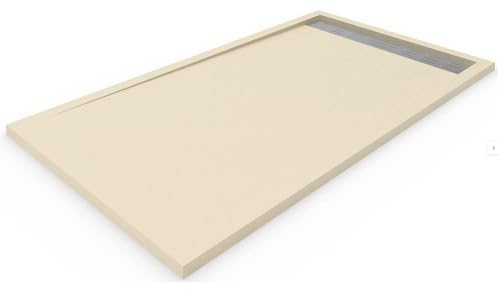 Plato de Ducha de Resina Antideslizante | Válvula Oculta y Rejilla Acero Inoxidable | Textura Piedra | Color Beige | 140x80 cm