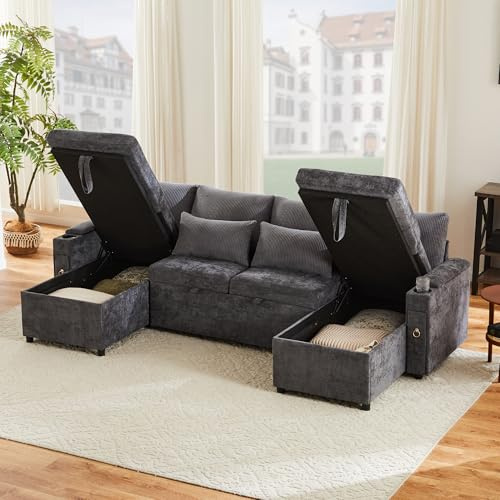 Xwiny Ecksofa mit Kommode und Tassenregal, Ausziehsofa mit Aufbewahrungsfächer und Aufbewahrungsliege, Stauraum in der Verdeckten Armlehn, Chenille + Cord, Grau-A, 272x131x84 cm