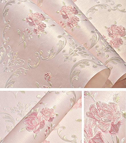Embossed Rose Floral Contact Paper Self Adhesive Non-Woven Wallpaper Peel and Stick Wall Decor for Girls Living Room Bedroom Kitchen Bathroom Wall (Pink, 53cm x 3m)
