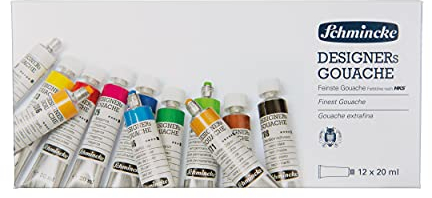 Schmincke - Designers Gouache, 12 x 20 ml-Tuben, 72 014 097, 12 Farbtöne, Kartonset, streifenfrei, maximal deckend, farbintensiv und samtmatt