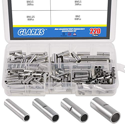 Glarks 220 pcs non isolés Connecteurs Butt Assortiment kit, 22–16/16–14/14–12/12–10 AWG Calibre sans fil électrique non isolés Virole câble Crimp terminal kit pour électrique Splice DIY