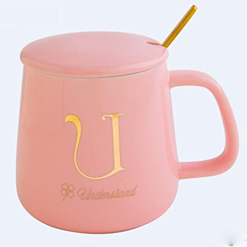 XKUN Mug Tasses Roses Tasses À Café pour La Meilleure Amie Fille Fille avec Couvercle Et Cuillère 26 Lettres Mug Personnalisés Bureau Céramique Mignon Gobelet Eau-U,450Ml