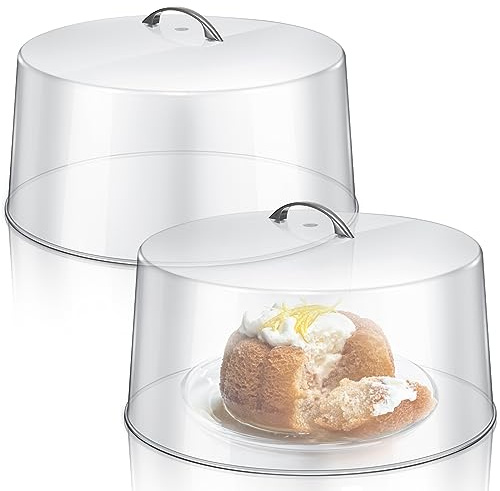 Uiifan 2 Pcs Clear Plastic Cake Dome Cover 12 Inch Acrylic Round Stand Cover 7.5'' Tall Dome with Metal Handle for Food Stand Plate Tray Pedestal Display, Transparent