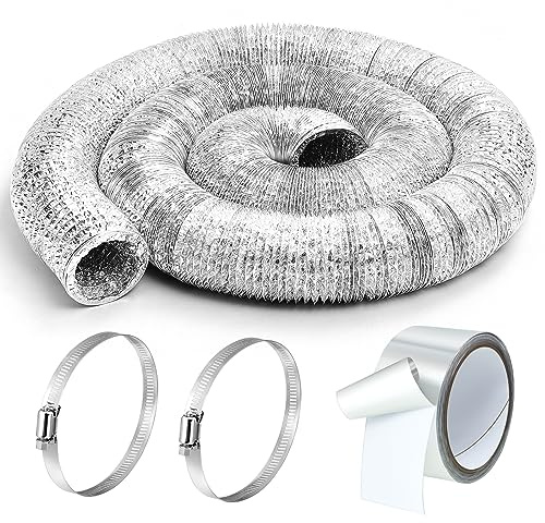 Zonon Dryer Vent Hose 4 Inch X 50 Feet Flexible Aluminum Foil Ducting Non Insulated with Stainless Steel Clamps and Aluminum Tape for Pipe, HVAC Heating Cooling Ventilation and Exhaust(Silver)