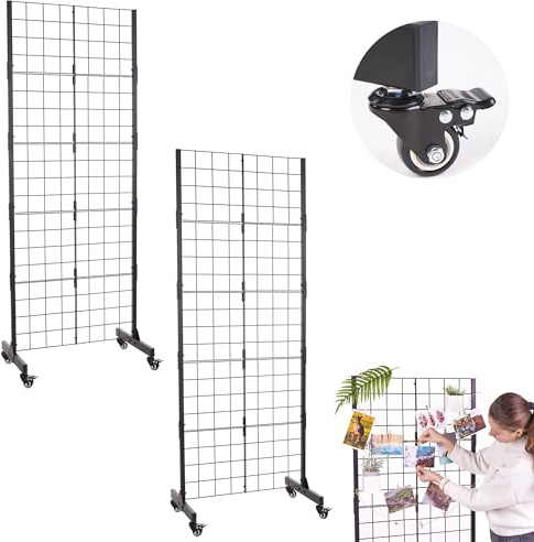 ODOXIA 2 packs | Grid wall | Black Metal Display Rack With Wheels | Display Racks For Craft Shows | Space-saving Gridwall Panels & Units | Retail Panel | Portable Retail Grid