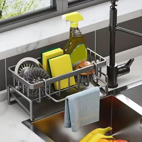 Kitchen Sink Organiser, 1PCS Sink Caddy, Kitchen Sink Caddy with Drain Tray, Sponge Holder Sink Caddy Organizer, Dishcloth Hanger, Cleaning Organiser for Sink Storage, Gray