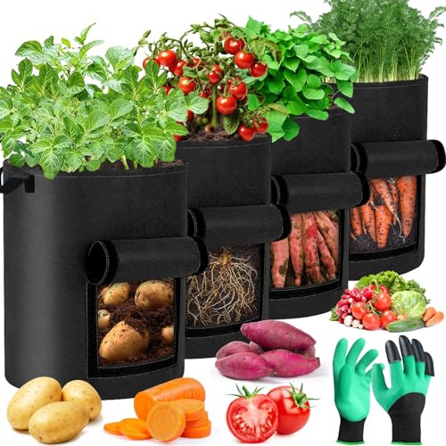 ZLPBAO Lot de 4 Sac de de Pommes de Terre Non tissé de 10 gallons avec Poignées et Gants， Sacs à Plantes de Tomate Grande Capacité Ø35cm et Hauteur 40cm Pots pour Plantes, Fleurs, Carottes Douces