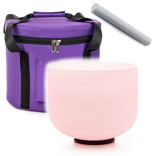 Siceeoly Klangschale, 20,3 cm, F-Note, Rosa, Herzchakra, Quarz, mattiert, Kristall, Meditationsschale, Yoga, Musikinstrument mit Reisetasche, Tragetasche, Wildlederhammer, O-Ring