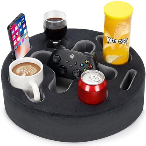 Soporte para tazas de sofá, almohada para portavasos | Organizador de bandeja para bebidas para cama, caravana, TV, coche, cueva de hombre, barco, control remoto, aperitivos, regalo para papa, pareja