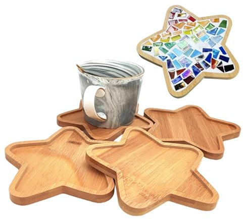 4PCS Mosaic Bamboo Coasters for Crafts, Blank Base Trays, Drinking Cup Coaster, Plant Coaster, Art Plate,DIY Mosaic Supplies (Star)