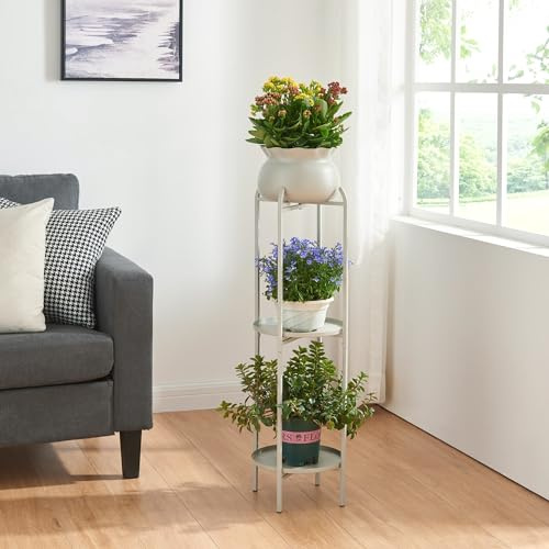 [en.casa] Blomstativ Altena växtstativ med blomkruka och 2 hyllor metall beige växthylla 94,5 x 27 x 27 cm blompelare för inomhus blomkruksställ
