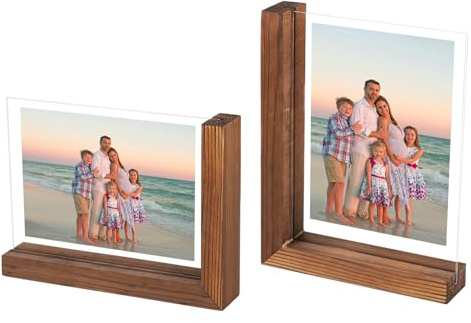 SUPAWAY 2er Set Fotorahmen Vintage Holzsockel Bilderrahm L Formen MDF-Sockel Photo Frame mit 2 Doppelseitig Transparent Acryl Plastfolie für 13x18 cm Fotos Tischaufsteller (Horizontal+Vertikal), Braun