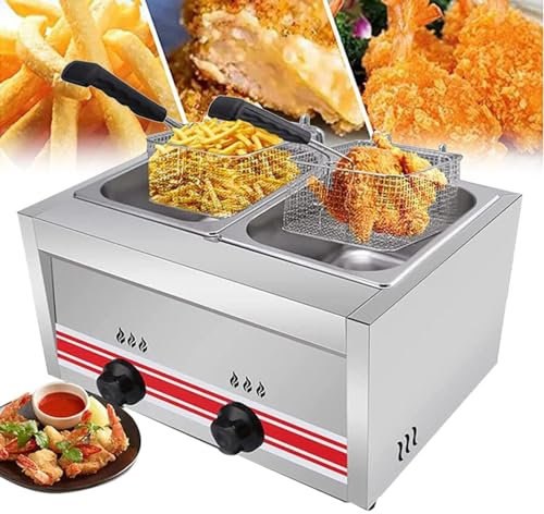 LSHFYV Friteuse Gaz Professionnelle, Friteuse Commerciale en Acier Inoxydable avec Couvercle Thermostat De Sécurité Friteuse, Réglage Manuel De La Température Facile à Nettoyer,Doublecylinder10l+10l