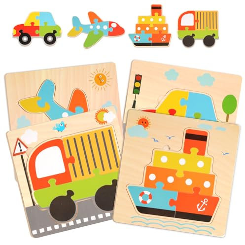Kinder Holzpuzzle 4er-Set Ab 2 Jahre, Steckpuzzle Montessori Lernspielzeug, Fahrzeug Puzzle Geschenke für Kinder 3-6 Jahre