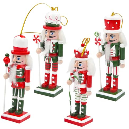 BCOATH Ornamenti Schiaccianoci Appesi in Legno 12,5 Cm, Ciondoli Natalizi a Forma Di Soldato Schiaccianoci, Decorazioni Natalizie Per Albero e Casa, Set Da 4 Pezzi Per Feste Di Natale