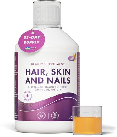 Swedish Nutra - Hair, Skin & Nails Liquid Supplement - Pack of 500 ml, 33 Day Supply | Plus Collagen, Biotin, Vitamins, MSM, Hyaluronic Acid & CoQ10 | Gluten Free | 100% Natural Orange Flavour