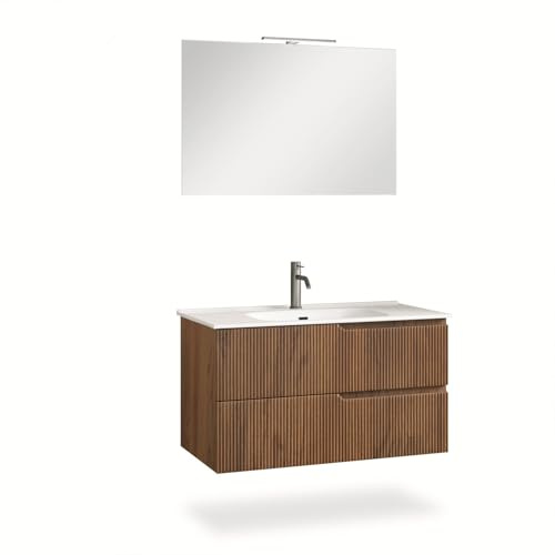 AQA DESIGN mobile bagno composizione 4 pezzi, mobile bagno con lavabo, base sospesa con frontali in MDF cannettato, set mobili bagno nr2 cassetti - Rovere - 101x46,5x190 cm