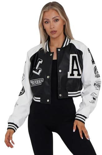 janisramone® Cropped Leather Jacket for Women With Letter Details on Arms and Front, Faux Leather Varsity Baseball Bomber Jacket Women for Sports and Casual Wear