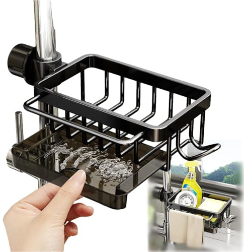 GCFTIFF Wasserhahn Lagerregal, Spülbecken Organizer Schwammhalter Küche, Edelstahl Seife Spülbecken Organizer, Schwammhalter mit Abnehmbarer Abtropfschale,Wasserhahn Lagerregal Metall (schwarz, R)