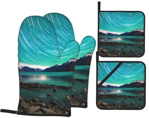 YYHWHJDE Set di 4 guanti da forno e presine con stampa Aurora Borealis verde: spessi e resistenti, anti-scottatura e termoisolanti