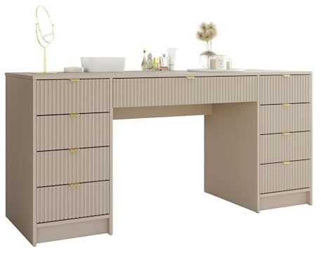 Mirjan24 Schreibtisch Tireno Bis mit 9 Schubladen (Sandbeige) | Schüler- oder Schminktisch mit geriffelten Fronten, goldfarbenen Griffen und viel Platz, B/H/T: 154/76/55 cm