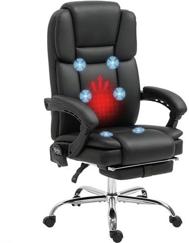 Vinsetto Bürostuhl mit Massagefunktion Ergonomischer Chefsessel, Schwarz | Heizfunktion, Liegefunktion, Fußstütze, Höhenverstellbar, 360° Drehbar, Computerstuhl mit Seitentasche, Kunstleder