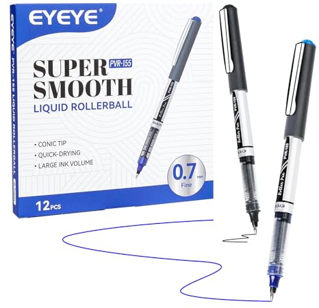 EYEYE Paquete de 12 Bolígrafos - Bolígrafos roller con tinta líquida - para Escritura Suave y Precisa - Secado rápido, antimanchas - 6 Azul,6 Negro - Punta Fina 0,7mm