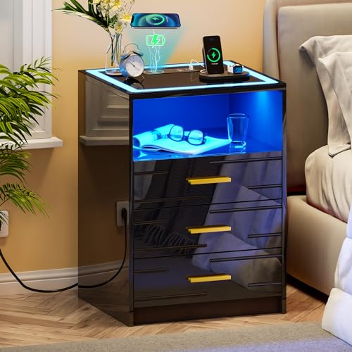 Gurexl LED Bedside Table with Wireless Charging Station, Black Bedroom Bedside Table with Smart Night Stand with 3 Drawers Modern Bedside Tables for Bedroom, Living Room