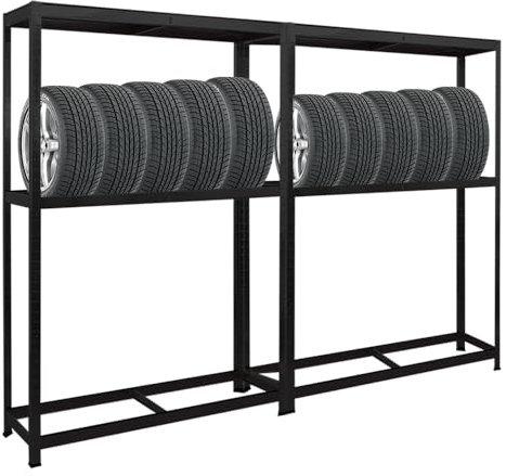 PROREGAL Mega Deal | 2X Étagère à pneus Ragnar | HxLxP 180x120x40cm | jusqu'à 8 pneus sur 2 Niveaux + Rangement | 265kg Charge Max. | Noir