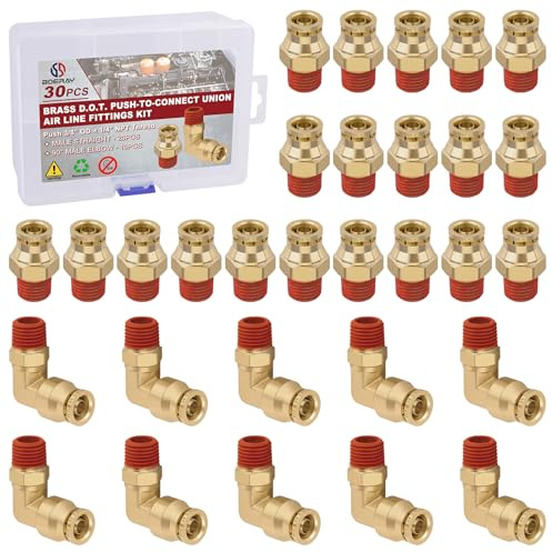 Boeray 3/8” Quick Push to Connect Fittings Brass Male Straight and Elbow Combination DOT Approved 3/8 Tube OD x 1/4 NPT Thread Air Brake Line Adapter Air Suspension Kit Air Hose Repair Kit 30pcs