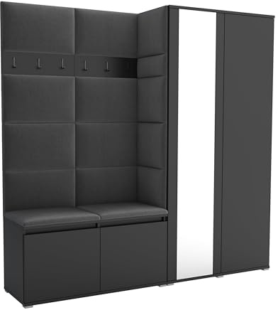 Brent - Flurgarderobe Luton 4, Garderobe Set: Schuhbank mit Sitzfläche, Garderobenpaneel, Garderobe mit Spiegel, Flur Möbel, Schwarz + Polsterpaneele in Grau
