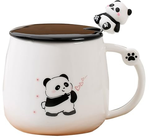 Tazza Panda Regalo Tazza per Bambini - Tazza in Ceramica con Coperchio Cucchiaio in Acciaio Inossidabile, Tazza da Caffè Tazza da Tè Regali Divertenti per Donne Tazze Carine Dolci Amico