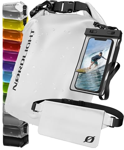 Nordlight wasserdichte Tasche 3er Set (Weiß) - Dry Bag 10l + wasserdichte Handyhülle + wasserdichte Hüfttasche | IPX8 Schutz | Mit Verstellbaren Gurten Für Strand, Stand Up Paddling