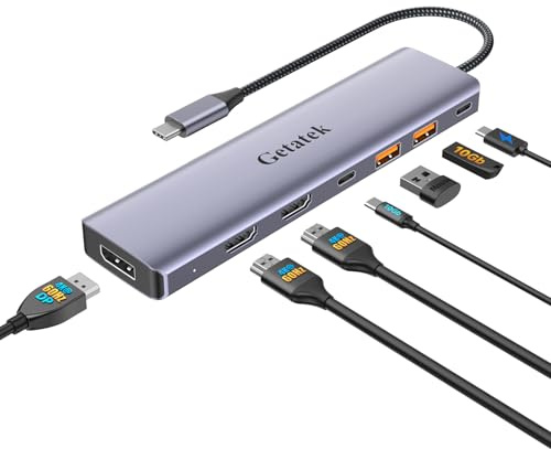 Getatek Hub USB C de 10 Gbps, estación de acoplamiento para laptop, estación de acoplamiento de triple pantalla 7 en 1 con HDMI dual, DisplayPort, PD 100 W, 2 USB 3.2, puerto USB C 3.2 para Dell HP