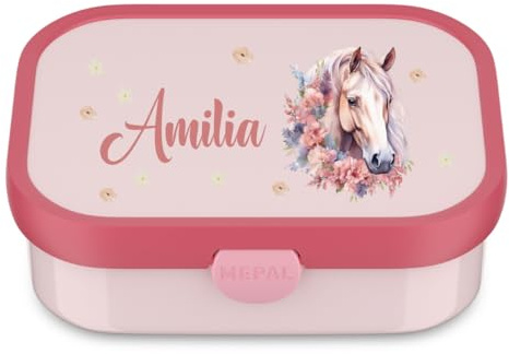 Mepal Boîte à goûter motif cheval personnalisée, boîte à déjeuner pour enfant avec compartiments, boîte à déjeuner Campus avec nom imprimé coloré (rose)