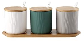 AOWVUTS Juego de 3 Azucarero Saleros de Cocina de Cerámica Azúcar Pot con Tapa de Bambú y Cuchara Botes para Especias Tarros de Almacenamiento Cocina Reastaurant (Color)