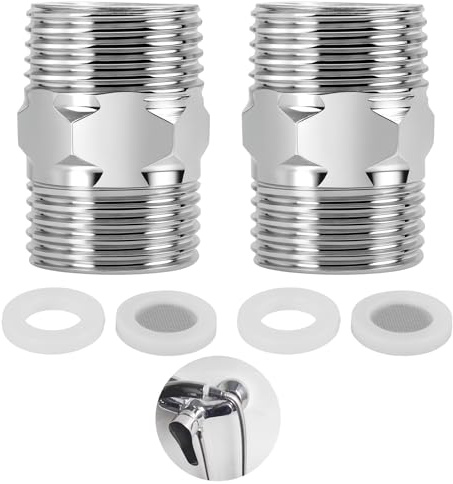 2 Pièces Adaptateur de Tuyau de Douche 1/2 en Acier Inoxydable avec Filetage Double Mâle, Rallonge Robuste avec Élément Filtre à Bulles et Joint d'Étanchéité pour Tuyaux et Robinets